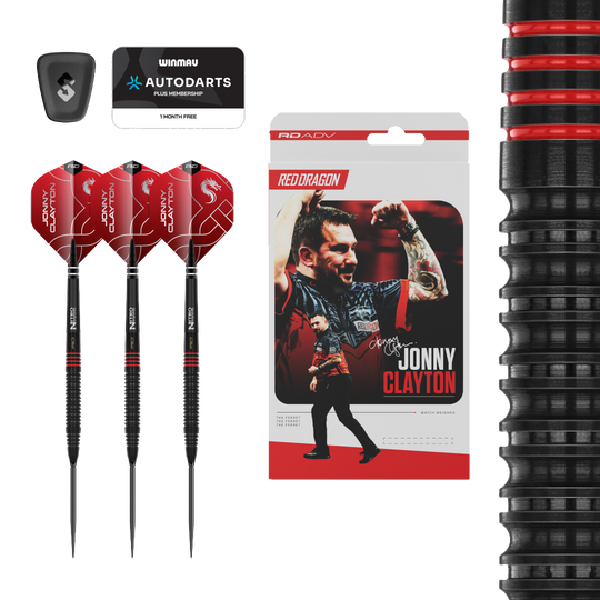 Red Dragon Jonny Clayton RD-ADV Switch Point Steel Darts Abgebildet ist ein Set Red Dragon Jonny Clayton RD-ADV Switch Point Steeldarts. Die Darts sind deutlich zu erkennen und die Beschriftung ist lesbar.