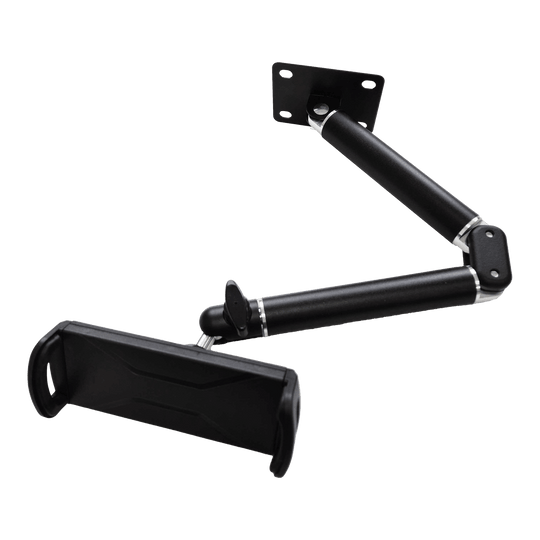 McDart TABFlex tablet wall mount with flexible arm Die Abbildung zeigt die McDart TABFlex Tablet-Wandhalterung mit flexiblem Arm. Die Halterung ist schwarz und kann an der Wand befestigt werden, um ein Tablet flexibel auszurichten.