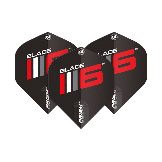 6915-225_Winmau_Prism_Delta_Blade6_A_Standard_Flights_1Pb2eVhNfFPMeh Das Bild zeigt drei schwarze Dart-Flights mit der Aufschrift "Blade 6" in Rot und Weiß. Es handelt sich um das Produkt "Winmau Prism Delta Blade 6 A Standard Flights".