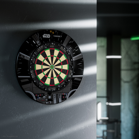 Gezeigt wird das Target Star Wars Millennium Falcon Surround Board Bundle. Das Produkt verbindet Dartzubehör mit Star Wars-Elementen.