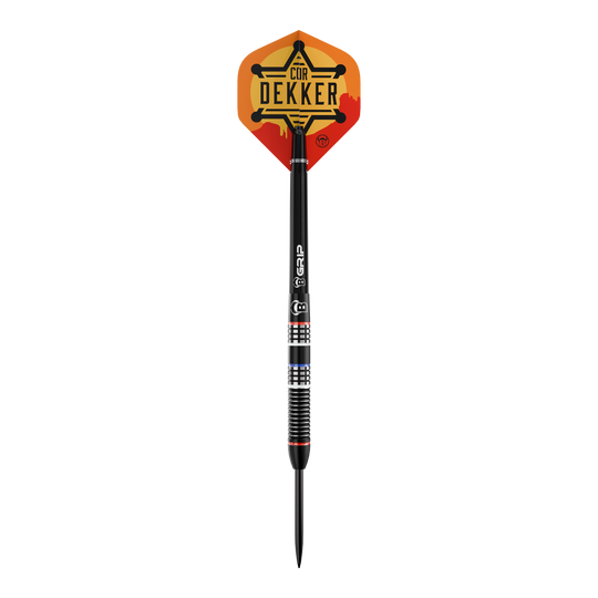Das Bild zeigt Bulls Cor Dekker The Sheriff Steeldarts, 23 Gramm schwer. Diese Steeldarts sind für ambitionierte Dartspieler konzipiert.