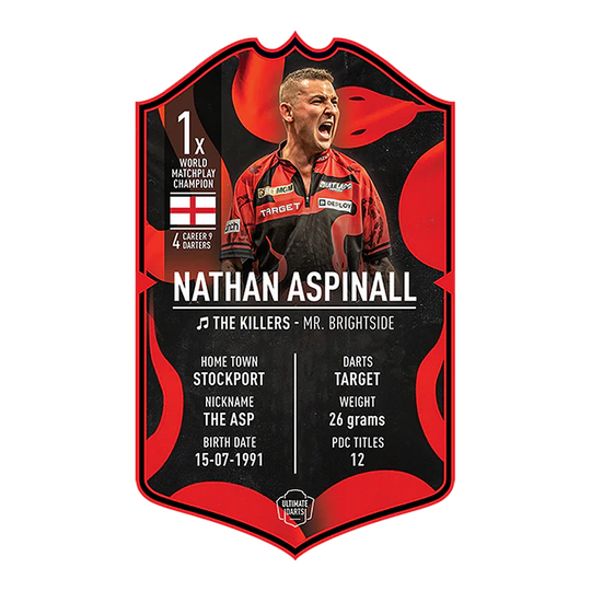 Abgebildet ist die Ultimate Darts Card von Nathan Aspinall. Die Karte zeigt ein Produkt für Darts-Fans.