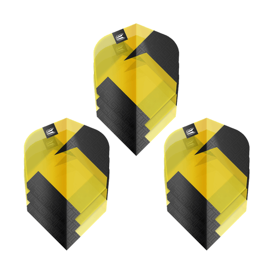 Das Bild zeigt drei gelb-schwarze Dart-Flights des Produkts "Target Pro Ultra TAG Gelb Ten-X Standard Flights". Die Flights haben ein modernes, geometrisches Design und werden als 3er-Set angeboten.