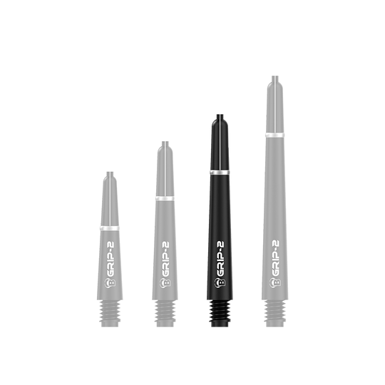 Das Bild zeigt vier schwarze Bulls B-Grip-2 SL Shafts in unterschiedlichen Längen. Sie sind nebeneinander aufgereiht und haben jeweils einen weißen Schriftzug.