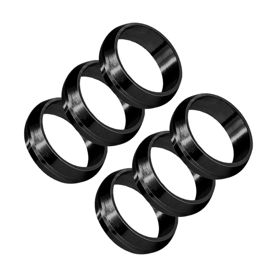 HR440_Harrows_Pyramid_Shaftringe_Schwarz_1 Das Bild zeigt sechs schwarze Harrows Pyramid Shaftringe. Sie sind rund und bestehen aus glänzendem Material.