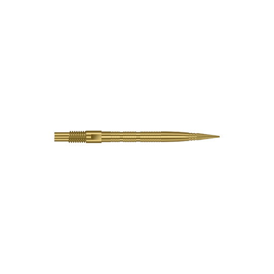 Das Bild zeigt goldene MicroRidge Dartspitzen in 26 mm Länge. Die Dartspitzen gehören wahrscheinlich zur Quick Point Serie von Harrows.