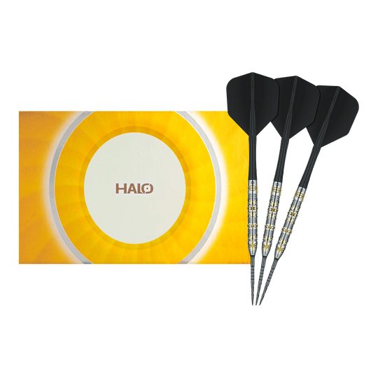 Caliburn Halo H1 steel darts - 22.5 g Gezeigt wird ein vollständiges Set der Caliburn Halo H1 Steeldarts - 22,5 g. Die hochwertigen Pfeile sind ideal für den Dartsport.