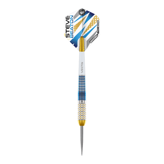 Winmau Steve Beaton Legend Series Steeldarts Das Bild zeigt einen Winmau Steve Beaton Legend Series Steeldart. Der Dart ist blau, gold und weiß gestaltet und hat den Namen "Steve Beaton" auf dem Flight.