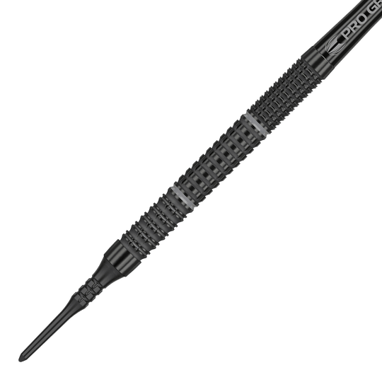 210058_Target_Echo_11_Softdarts_2 Das Bild zeigt einen Target Echo 11 Softdart mit schwarzem, strukturiertem Griff. Die Spitze ist ebenfalls schwarz und aus Kunststoff gefertigt.