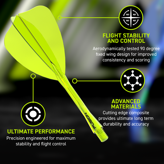 Das Bild zeigt das Winmau Fusion Flight-Shaft-System Arrow Neon Yellow. Es handelt sich um einen neon-gelben Flight-Shaft für Darts.