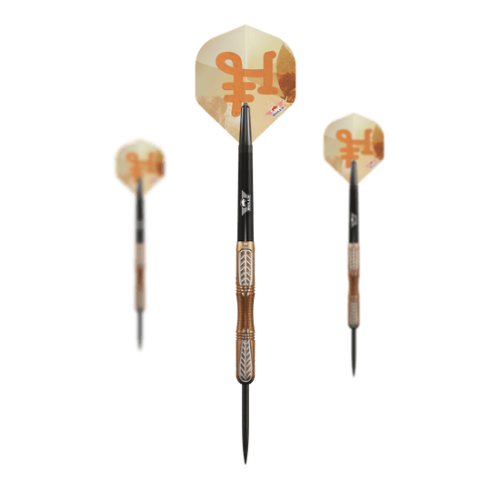Auf dem Bild sind die Bulls NL Bronzo True Steeldarts - 23g als Set zu sehen. Das Set enthält mehrere Darts für das Spiel.