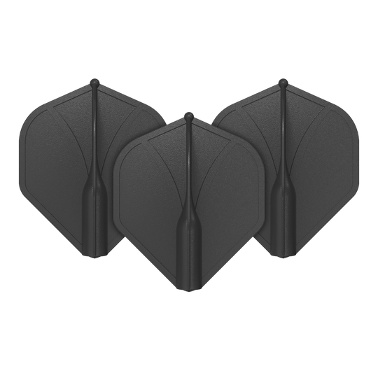 Shot Airfoil Molded No2 Standard Flights Auf dem Bild sind drei schwarze Dart-Flights zu sehen. Sie stehen aufrecht nebeneinander und haben eine standardmäßige, geformte Flügelform.