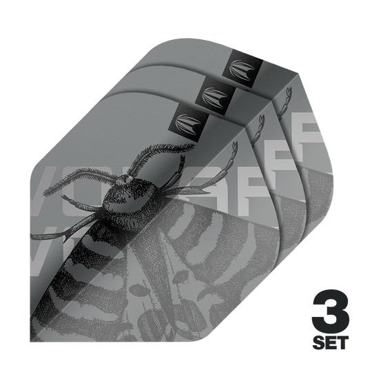 Das Bild zeigt drei Sätze der Target Pro Ultra Volar No2 Standard Flights. Das Design ist grau mit einem detaillierten Insektenmotiv und der Aufschrift "3 SET".