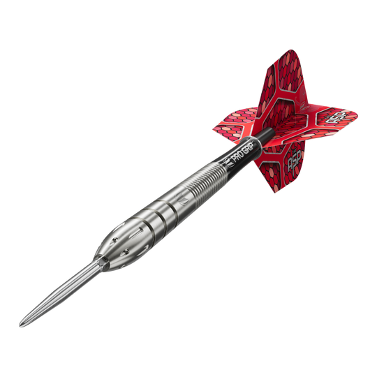 Auf dem Bild ist ein Target Nathan Aspinall GEN1 Swiss Point Steeldart zu sehen. Der Dartpfeil hat einen silbernen Schaft und rote Flights mit Wabenmuster.