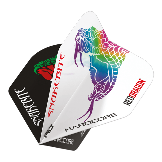 Red Dragon Peter Wright Snakebite Black White Yin Yang Standard Flights Das Bild zeigt die Red Dragon Peter Wright Snakebite Black White Yin Yang Standard Flights für Darts. Auf den Flights sind bunte Schlangenmotive und die Schriftzüge "Snakebite" und "Red Dragon" zu sehen.