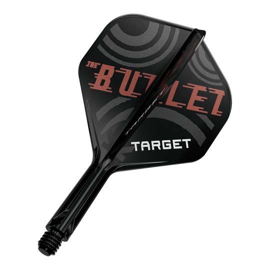 Das Bild zeigt einen schwarzen Dartpfeil mit der Aufschrift „THE BULLET“ und „TARGET“ auf den Flügeln. Die Flügel haben ein modernes, kreisförmiges Design in Grau und Rot.