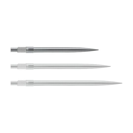 Abgebildet sind Harrows QuickPoint Dartspitzen in Silber, 30mm lang. Das Foto stellt das Produkt aus einer anderen Perspektive dar.
