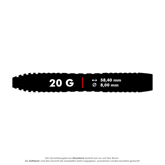 Winmau Joe Cullen Brass Steeldarts - 20g Das Bild zeigt einen Winmau Joe Cullen Brass Steeldart mit einem Gewicht von 20 Gramm. Die Länge beträgt 58,40 mm und der Durchmesser 8,00 mm.