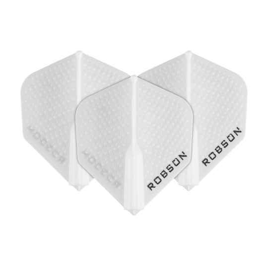 Robson Plus Dimple Flights - Weiß Das Bild zeigt drei weiße Robson Plus Dimple Flights für Dartpfeile. Die Flights haben eine strukturierte Oberfläche und tragen den Schriftzug "ROBSON".