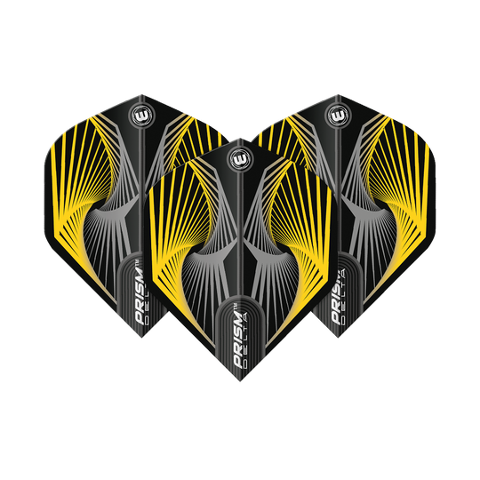 6915-241_Winmau_Prism_Delta_Spiral_YellowGrey_Standard_Flights_1fbl9FKLt3XNxA Das Bild zeigt drei Dart-Flights des Modells „Winmau Prism Delta Spiral YellowGrey Standard Flights“. Sie sind schwarz mit auffälligen gelben und grauen Spiral-Designs.