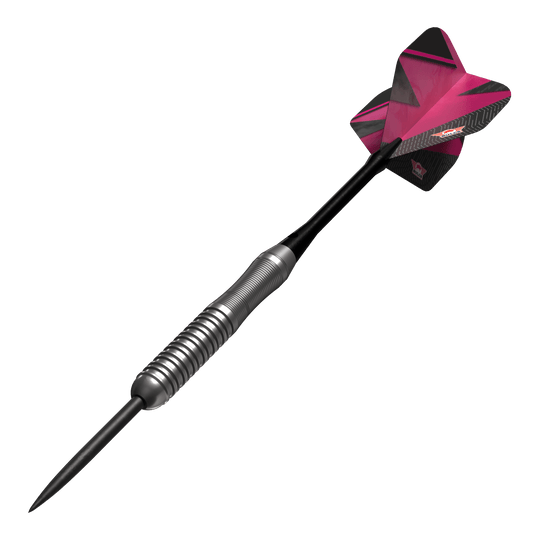 Bulls NL Lightning Pink steel darts Das Bild zeigt einen Steeldartpfeil mit silbernem Griff und einer pink-schwarzen Flights. Es handelt sich um das Produkt "Bulls NL Lightning Pink Steeldarts".