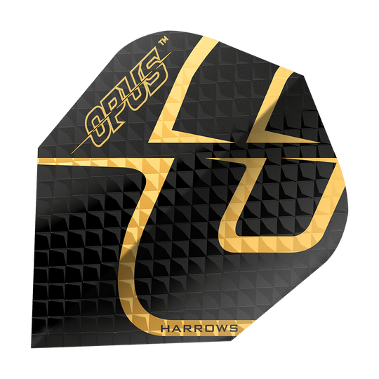 Das Bild zeigt das Produkt "Harrows Opus Version 2 Flights". Die Darts-Flight ist schwarz mit einem goldenen Muster und dem Schriftzug "OPUS" und "HARROWS".