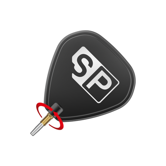 Target Swiss Point RVE dart tips - Gold Das Bild zeigt eine Dartspitze mit einem schwarzen Flight, auf dem "SP" steht. Ein roter Pfeil deutet auf eine Drehbewegung an der goldenen Spitze hin.