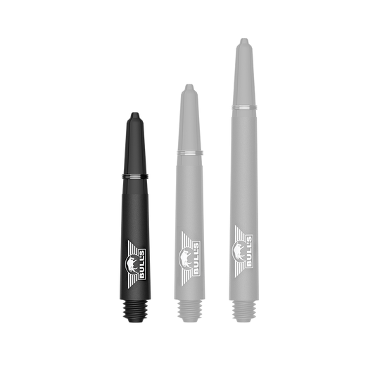 Bulls NL Capo Carbon Shafts - Black Ein Bild mit dem Dateinamen BU55340_BullsNL_Capo_Carbon_Shafts_Schwarz_Short_34mm_1. Zu sehen ist wahrscheinlich ein kurzer schwarzer Carbon-Shaft für Darts.