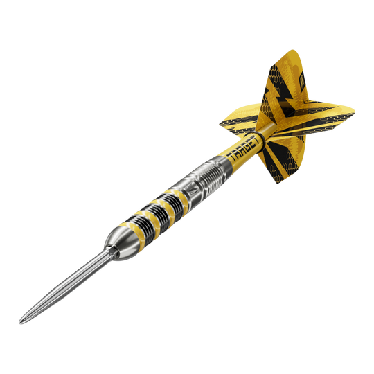 Das Foto zeigt Target Buzz 01 Swiss Points Steeldarts. Sie bieten eine gute Griffigkeit und Präzision beim Wurf.