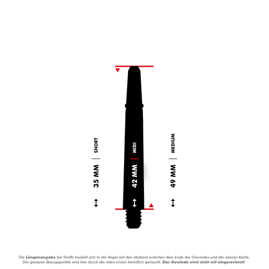 _Harrows_Carbon_360_Shafts_5_42mm29gjepPhijpB1 Das Bild zeigt eine Dartshaft mit drei verschiedenen Längenangaben: 35 mm (Short), 42 mm (Midi) und 49 mm (Medium). Die Messpunkte für die Längen sind durch rote Linien markiert, und das Gewinde wird nicht mit einberechnet.