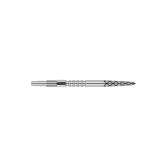 Target Swiss DS Surge Point Dart Tips - Silver Das Bild zeigt eine silberne Dartspitze mit mehreren feinen Rillen und Mustern. Die Spitze ist lang und schlank mit unterschiedlichen Strukturen zur besseren Griffigkeit.