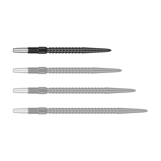 Target Swiss Point Chrono Dart Tips - Black Auf dem Bild sind vier schwarze Dartspitzen in einer Reihe zu sehen. Sie haben einen geriffelten Griff und eine spitz zulaufende Form.