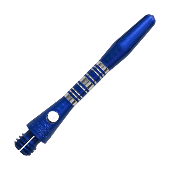 Bulls NL Supra Aluminium Shafts, blau und 34 mm lang, sind abgebildet. Diese Schäfte sind ideal für Dartspieler, die Wert auf Haltbarkeit legen.