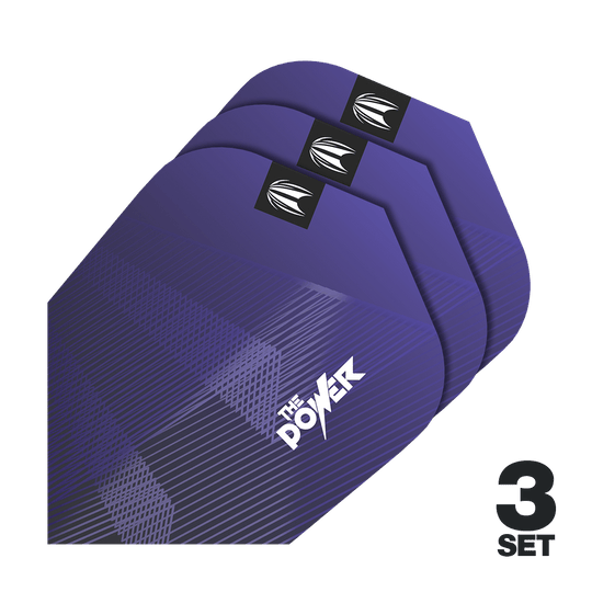 Target Pro Ultra Phil Taylor Power GEN10 Ten-X Flights - 3 Sets Das Bild zeigt drei Sätze lila Dart-Flights mit der Aufschrift "The Power". In der unteren rechten Ecke steht "3 Set".