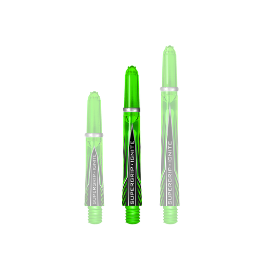 Das Bild zeigt drei grüne Harrows Supergrip Ignite Shafts in unterschiedlichen Längen. Die Shafts sind glänzend und haben ein modernes Design mit schwarzem Schriftzug.
