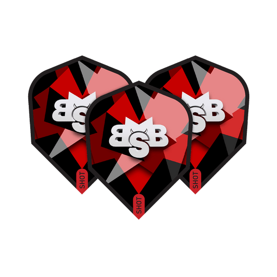 Shot Michael Smith Defiant No6 Flights Das Bild zeigt drei Dart-Flights des Produkts "Shot Michael Smith Defiant No6 Flights". Die Flights sind in Schwarz, Rot und Grau gestaltet und zeigen ein auffälliges Logo mit den Buchstaben "BSB".