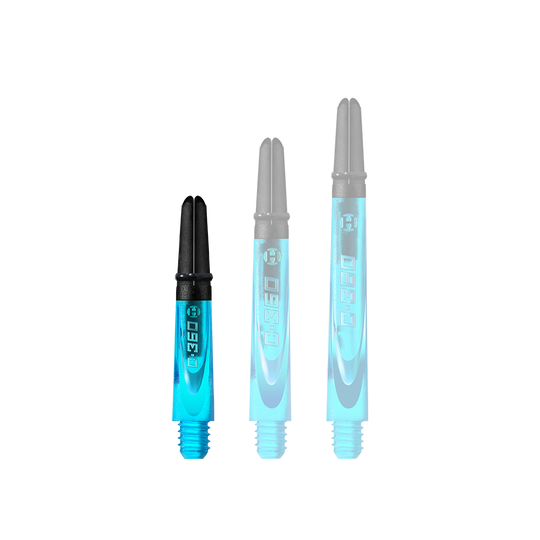 HR443_Harrows_Carbon_360_Shafts_Aqua_35mm_1 Das Bild zeigt drei blaue Dartschäfte mit schwarzem Kopf in unterschiedlichen Längen. Auf jedem Schaft steht der Schriftzug "C.360".