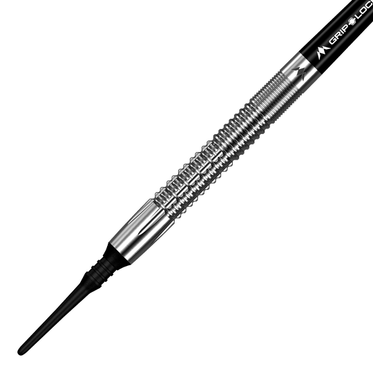 Hier ist ein Satz Mission Thomas Junghans Softdarts mit einem Gewicht von 20 Gramm abgebildet. Die Darts sind nebeneinander angeordnet und zeigen ihre feine Verarbeitung.