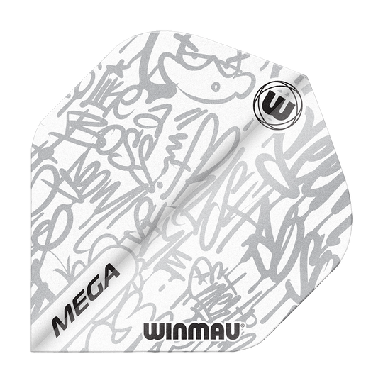 6900-243_Winmau_Mega_White_Standard_Flights_1NR1qZyPZMePPO Das Bild zeigt ein Winmau Mega White Standard Dartflight. Das Flight ist weiß mit grauen, abstrakten Graffiti-Mustern und trägt die Aufschriften "MEGA" und "WINMAU".