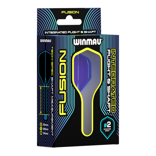 Winmau Fusion Flight Shaft System Standard Blue Auf dem Bild ist eine Verpackung des Winmau Fusion Integrated Flight & Shaft Systems zu sehen. Die abgebildete Variante ist blau und hat eine Länge von 22 mm (#2 Standardform).