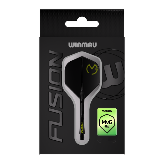 Winmau Fusion Flight Shaft System Michael Van Gerwen Pacman No2 Standard Das Bild zeigt die Verpackung des Winmau Fusion Flight-Shaft-Systems Michael Van Gerwen Pacman Nr. 2 Standard. Das Produkt ist schwarz mit gelben Akzenten gestaltet und trägt das MVG-Logo.