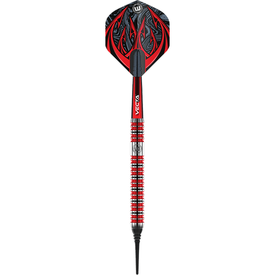 2463_Winmau_Diablo_Parallel_Softdarts_1 Das Bild zeigt einen Winmau Diablo Parallel Softdart mit einem Gewicht von 20 Gramm. Der Dart ist in den Farben Rot, Schwarz und Silber gehalten und hat ein auffälliges Flammen-Design am Flight.