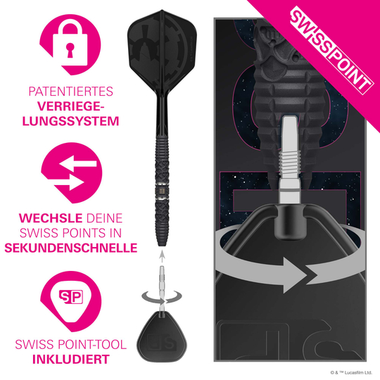 Dieses Bild zeigt die Target Star Wars Darth Vader 95 Swiss Point Steeldarts. Die Darts sind im Star Wars Design mit Darth Vader-Motiv gestaltet.