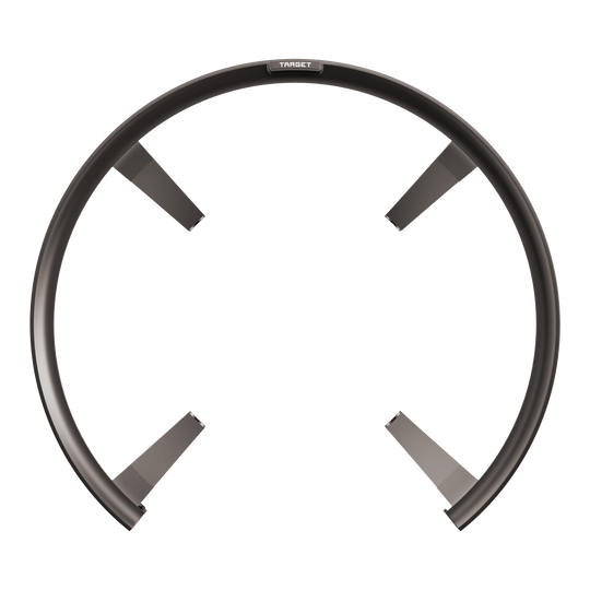 Target OMNI auto-scoring system Das Bild zeigt das Produkt "Target OMNI Auto-Scoring-System", welches wie ein großer, schwarzer Ring mit vier Befestigungsarmen aussieht. Es ist ein elektronisches System zur automatischen Punkteerfassung bei Dartspielen.