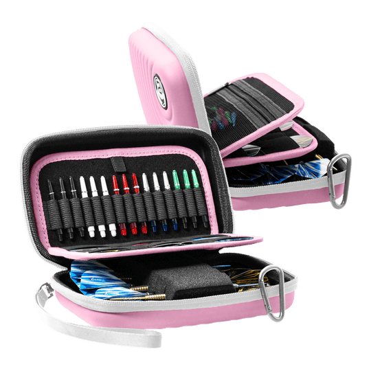 Abgebildet ist das Bulls Orbis XL Dartcase in der Farbe Pink. Es bietet viel Platz für Dartzubehör.