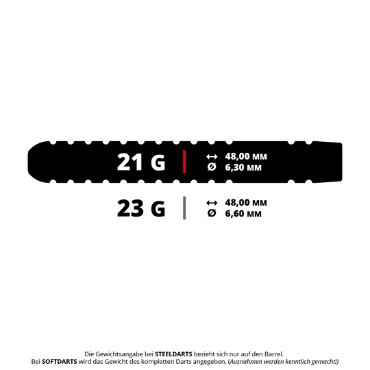 Das Bild zeigt zwei Steeldarts-Modelle mit den Gewichten 21 Gramm und 23 Gramm. Die Länge beträgt jeweils 48,00 mm, der Durchmesser liegt bei 6,30 mm (21 g) beziehungsweise 6,60 mm (23 g).