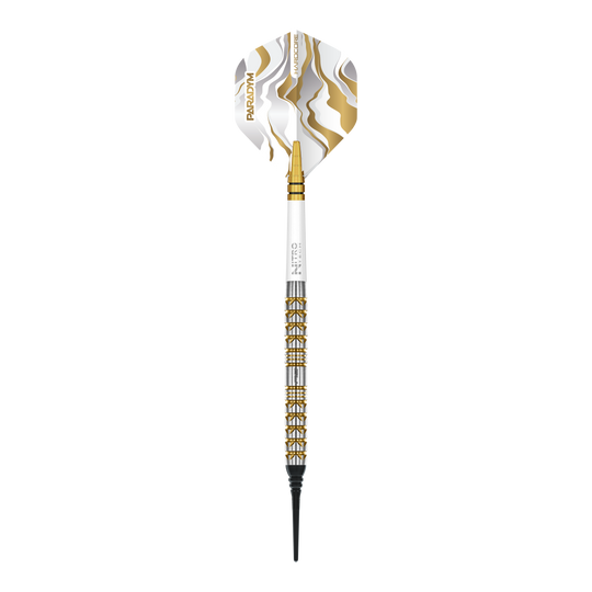 Red Dragon Paradym Gold Parallel Softdarts - 20g Das Bild zeigt die Red Dragon Paradym Gold Parallel Softdarts mit einem Gewicht von 20g. Die Darts sind goldfarben und haben ein modernes Design.