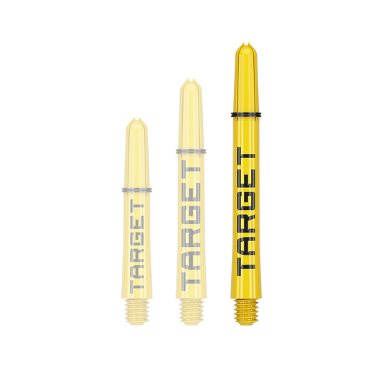 Target Pro Grip TAG Shafts - 3 Sets - Yellow Das Bild zeigt drei gelbe Dartschäfte in verschiedenen Längen. Auf jedem Schaft steht das Wort "TARGET" in schwarzer Schrift.