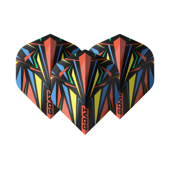 Das Bild zeigt drei bunte Dart-Flights mit einem auffälligen, geometrischen Muster in Rot, Gelb, Blau, Grün und Schwarz. Auf jedem Flight steht das Wort "GOAT" in roten Buchstaben.