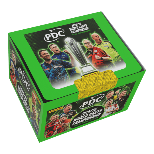 Panini PDC World Darts Championship 2025/26 - Sticker box with 65 packs Zu sehen ist die Panini PDC World Darts Championship 2025/26 Stickerbox mit 65 Tüten. Die Stickerbox enthält viele Tüten zum Tauschen und Kleben.